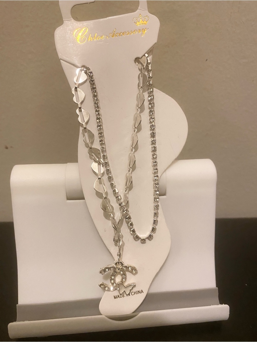 Silver Multi-Row White Butterfly Anklet With Logo Pendant